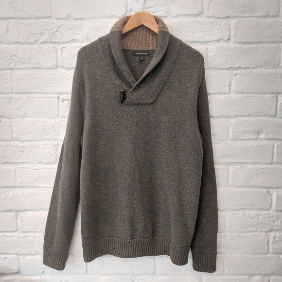 Banana Republic Sweater Mens L Green Wool Cotton Chunky Shawl Collar Horn Button - Picture 2 of 9